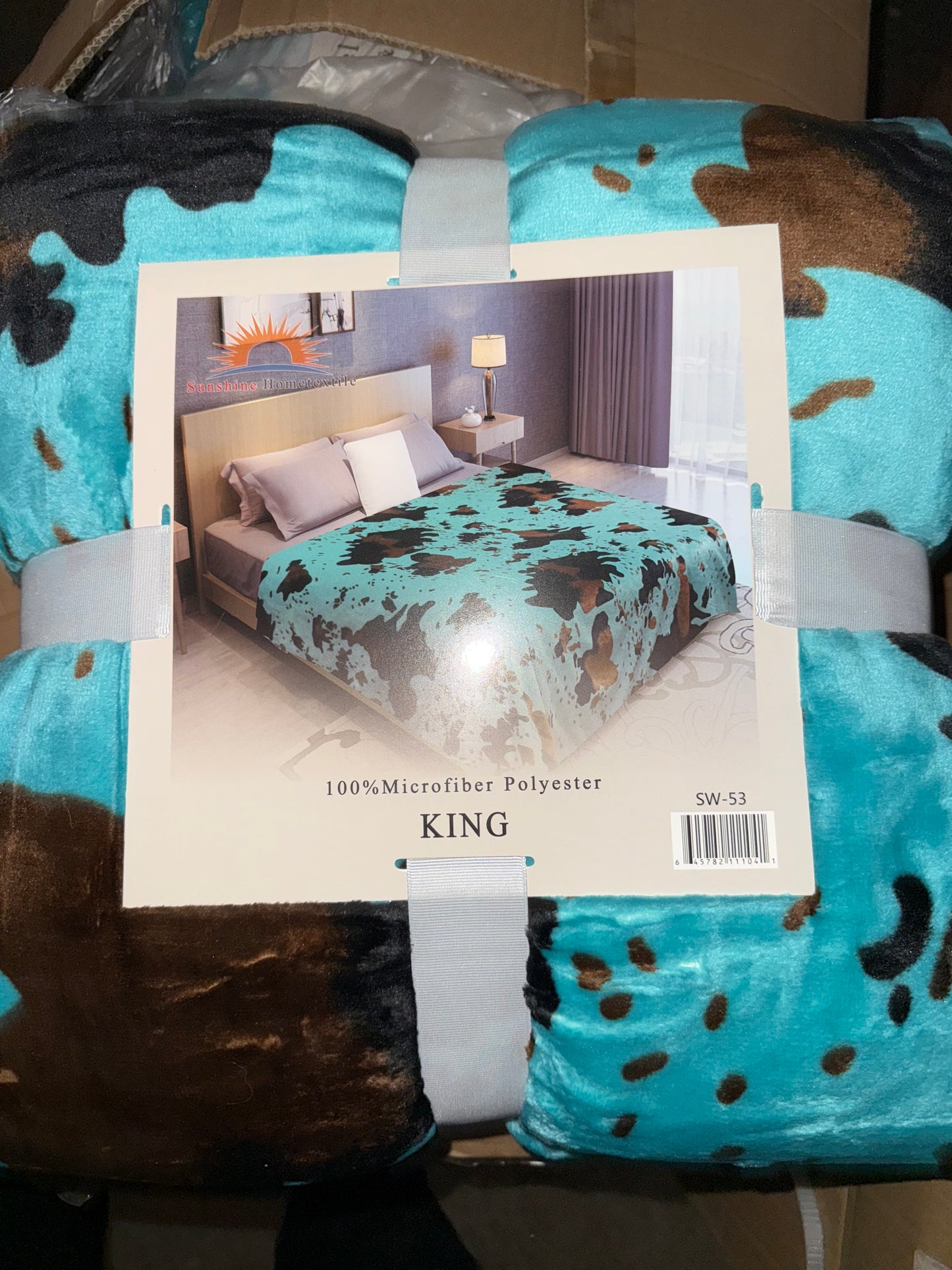 Turquoise Cow Print King Size Flannel Blanket (ITEM #SW-53)