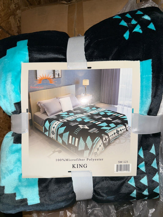 Blue Western King Size Flannel Blanket (ITEM #SW-123)