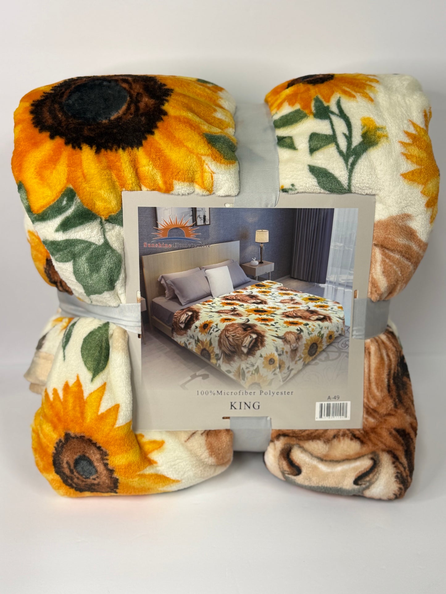 Highland Cow with Sunflowers King Size Flannel Blanket A-49