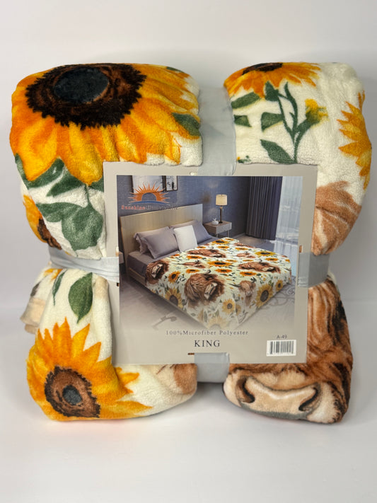 Highland Cow with Sunflowers King Size Flannel Blanket A-49