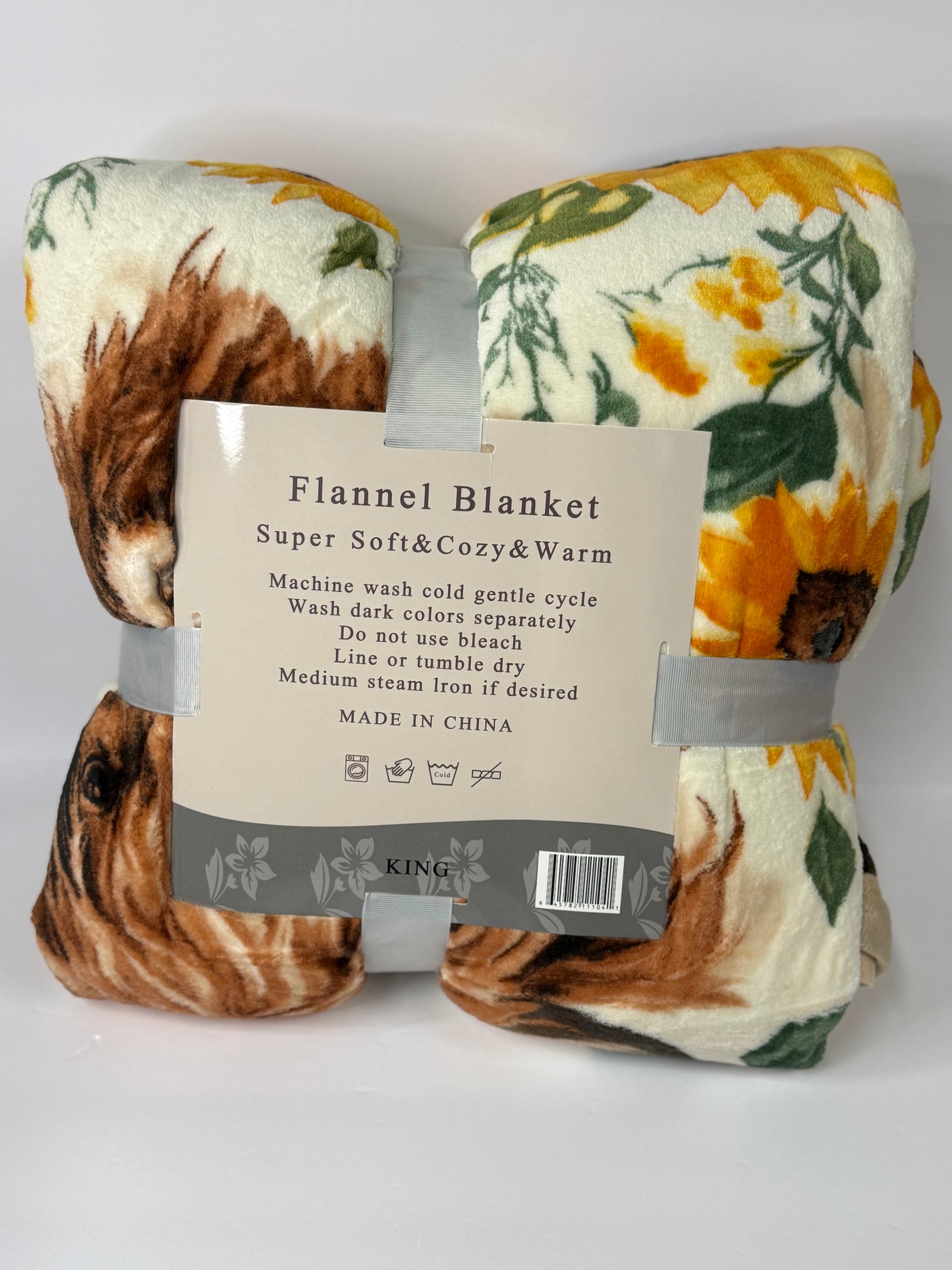 Highland Cow with Sunflowers King Size Flannel Blanket A-49