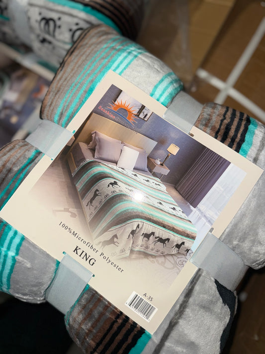 Horse Gray & Teal King Size Flannel Blanket Item #A-35