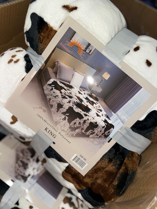 Cowprint Brown and White King Size Flannel Blanket Item #SW-66