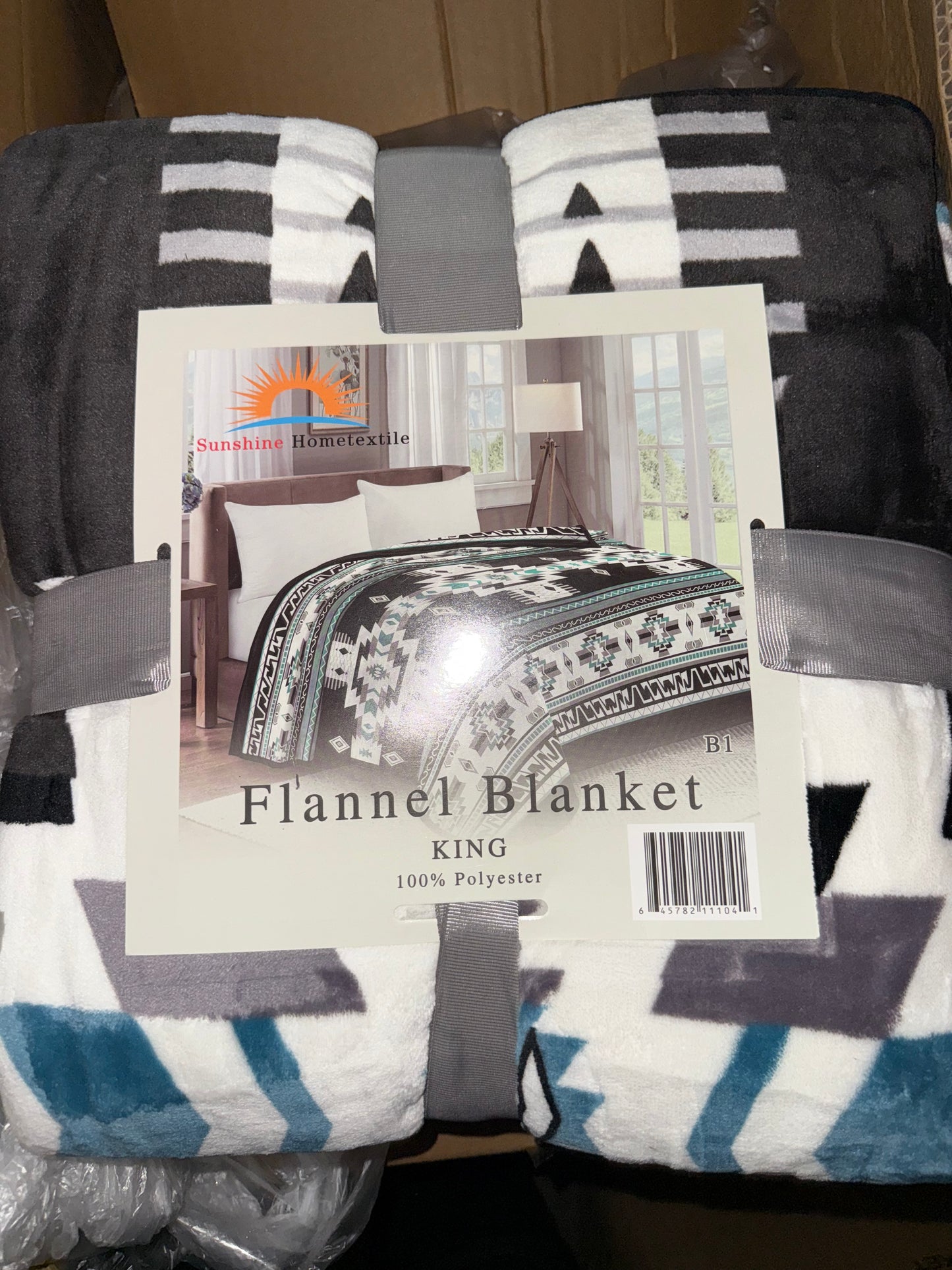 Blue, Black & White New Mexico King Size Flannel Blanket (Item #B1)