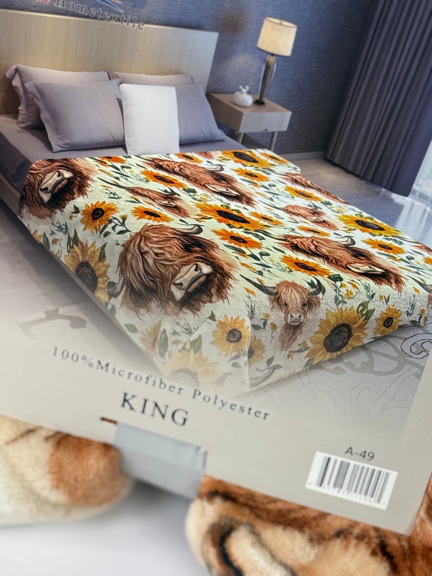 Highland Cow with Sunflowers King Size Flannel Blanket A-49