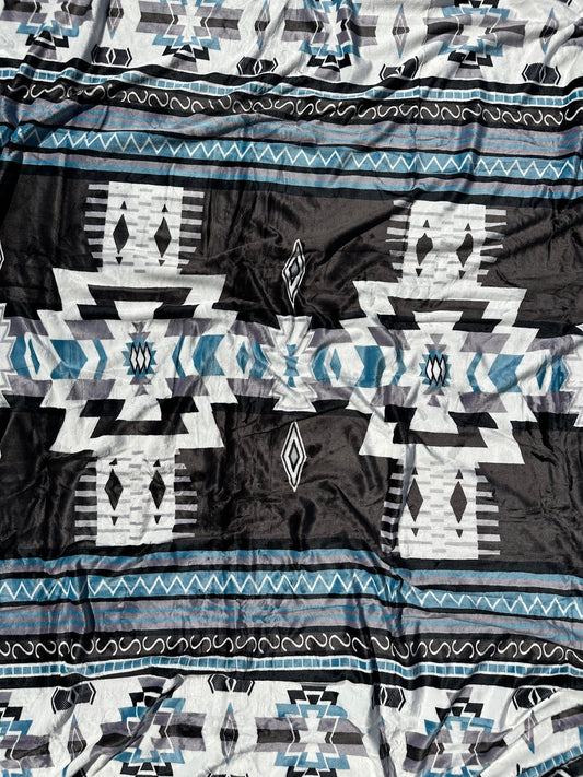 Blue, Black & White New Mexico King Size Flannel Blanket (Item #B1)
