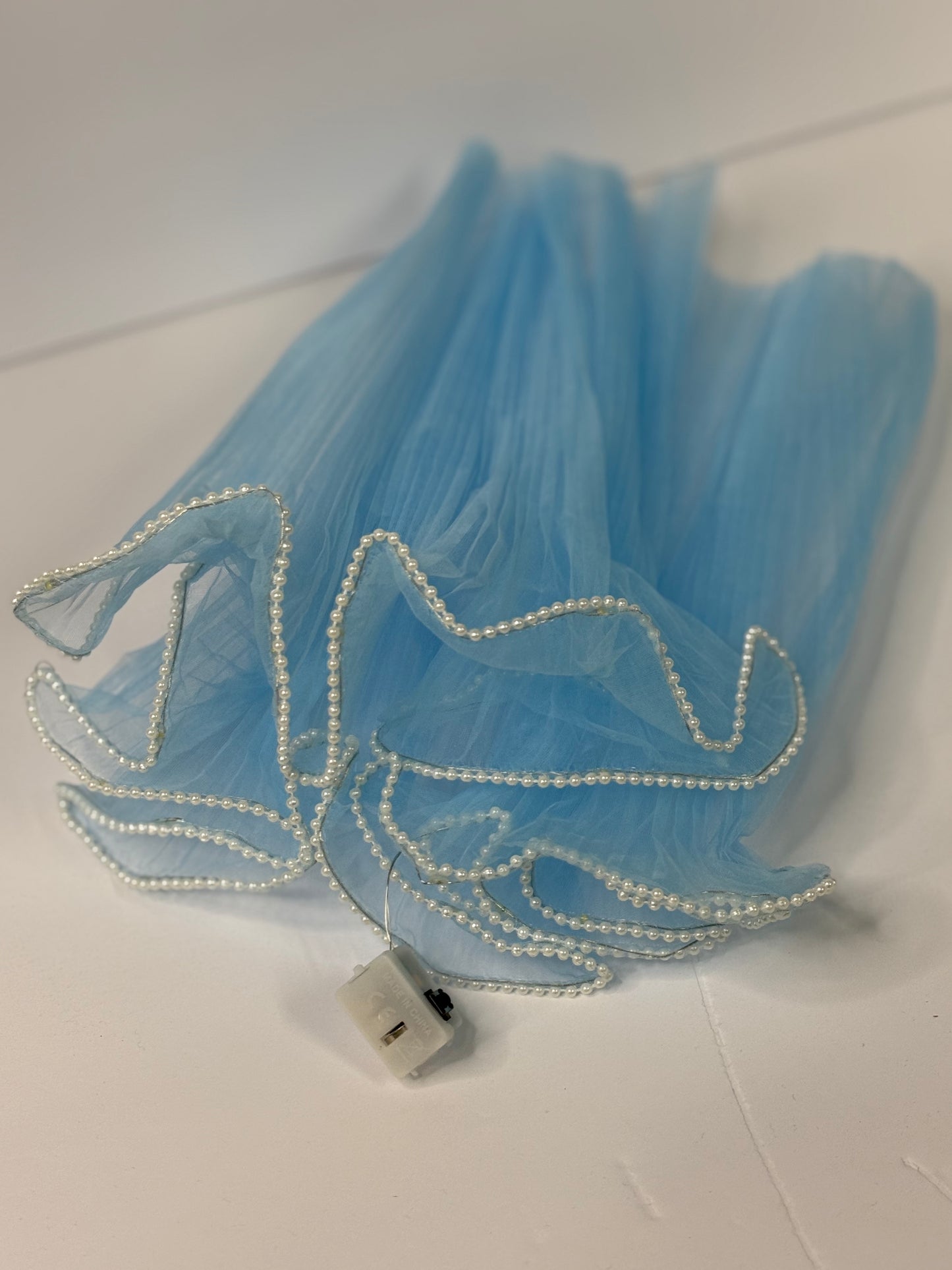 Pearl Trim Mesh with Lights Sky Blue