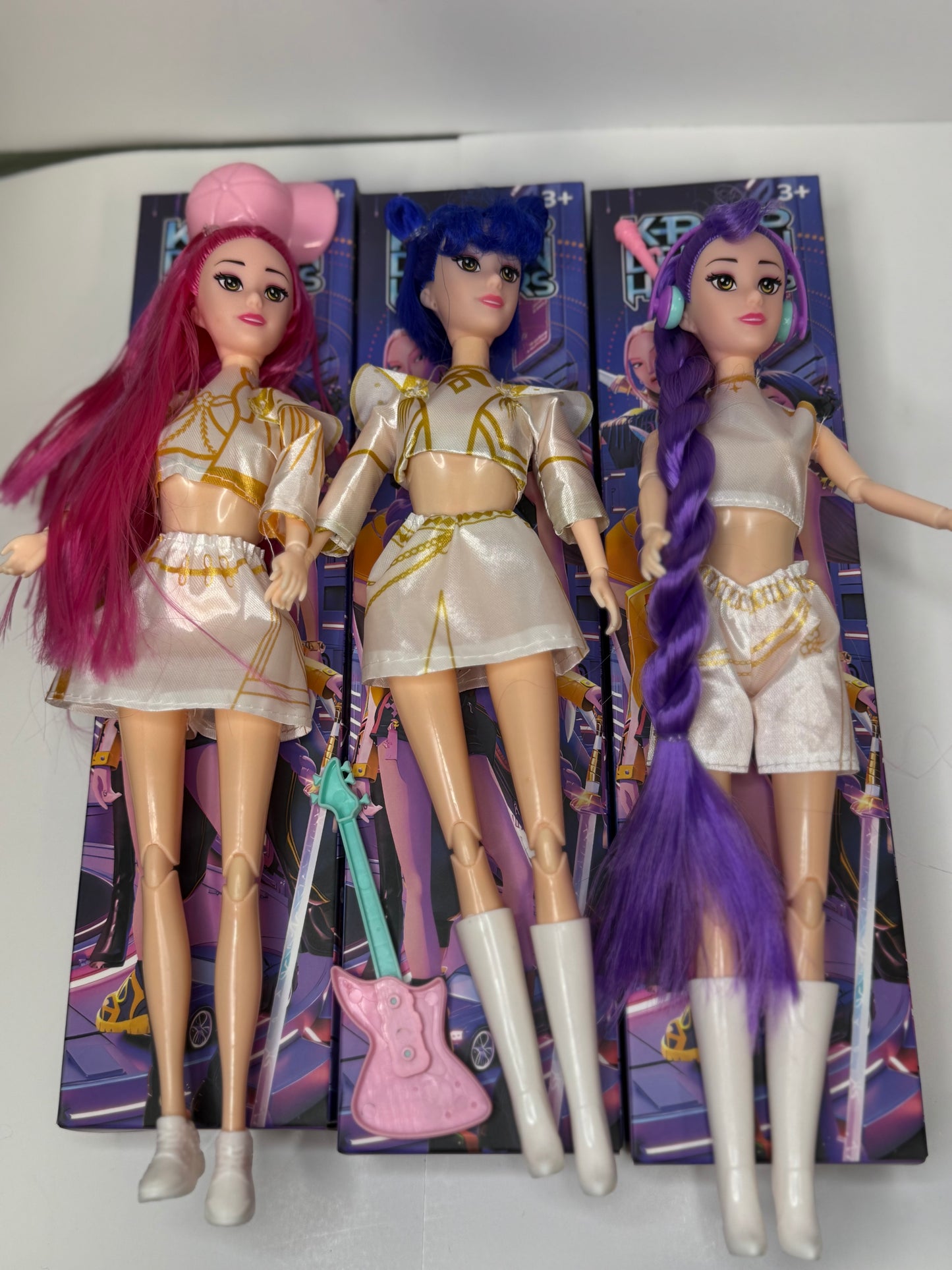 Set of 3 Dolls, Purple, Pink & Blue Hair