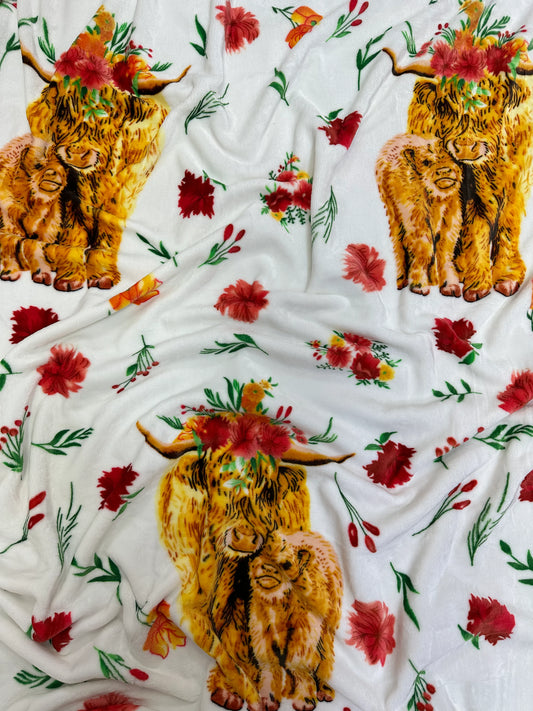 Highland Cow with Flowers King Size Flannel Blanket (ITEM #B15)