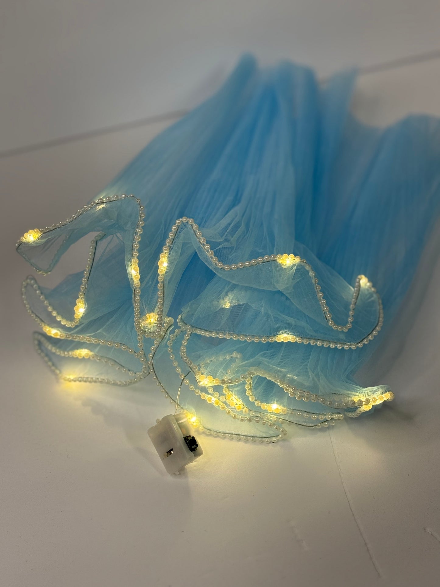 Pearl Trim Mesh with Lights Sky Blue