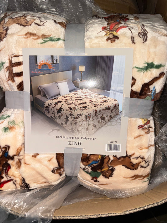 Sand Brown Cowboy with Horse King Size Flannel Blanket (ITEM #SW-72)