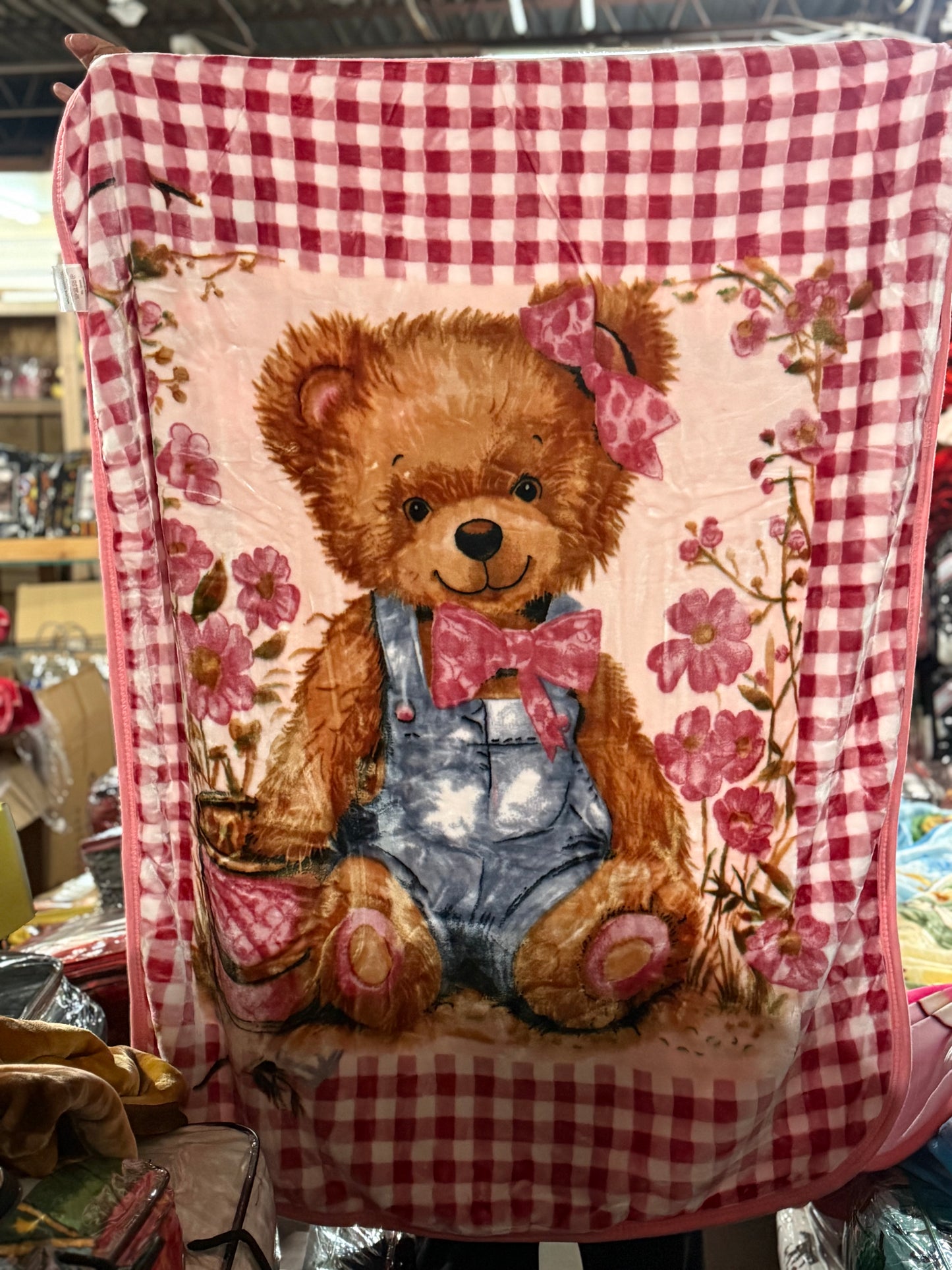 Pink Bear & Flowers Baby Blanket