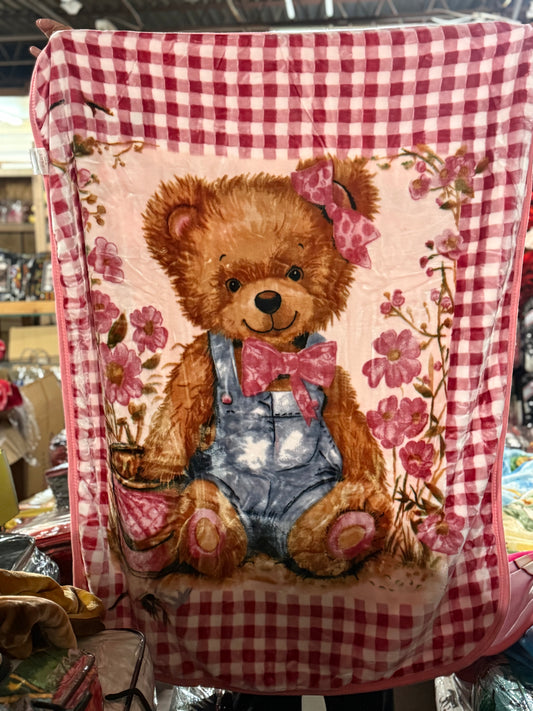 Pink Bear & Flowers Baby Blanket