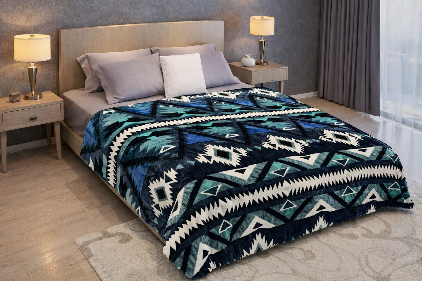 Aztec Blue Triangles King Size Flannel Blanket Item #A-36
