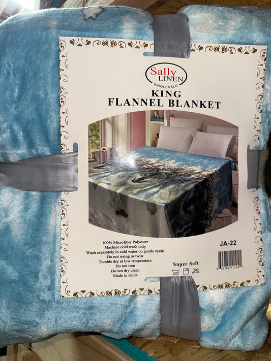 Blue with Wolves King Size Flannel Blanket (ITEM #JA-22)