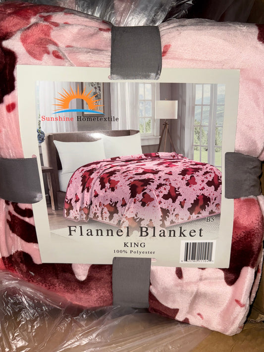 Pink Cow Print King Size Flannel Blanket (ITEM #B5)