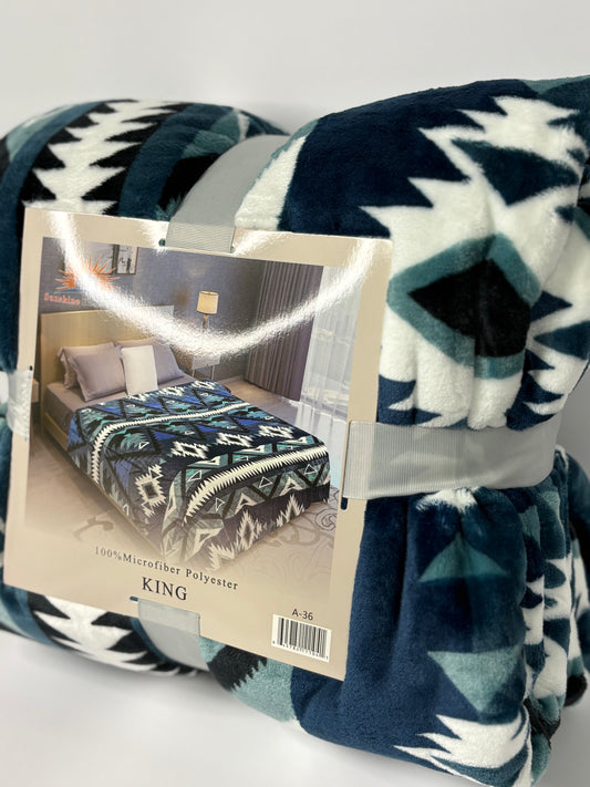 Aztec Blue Triangles King Size Flannel Blanket Item #A-36