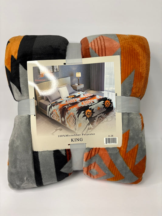 Aztec Gray & Orange King Size Flannel Blanket Item #A-28