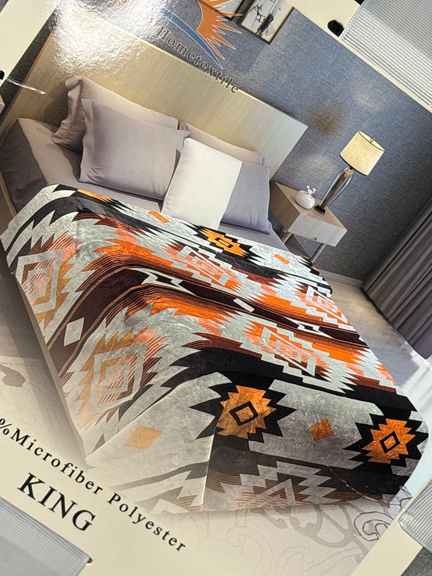 Aztec Gray & Orange King Size Flannel Blanket Item #A-28