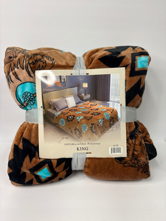 Highland Cow Cowboy with Turquoise King Size Flannel Blanket Item #A-34