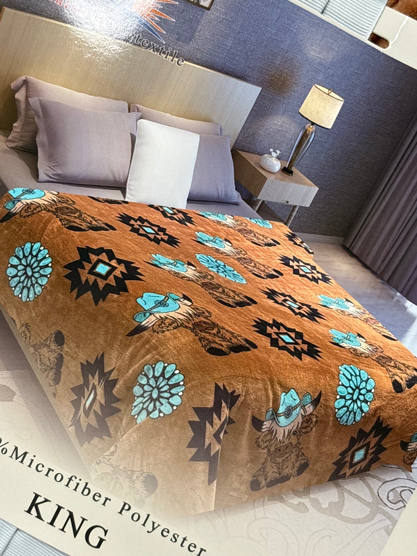 Highland Cow Cowboy with Turquoise King Size Flannel Blanket Item #A-34