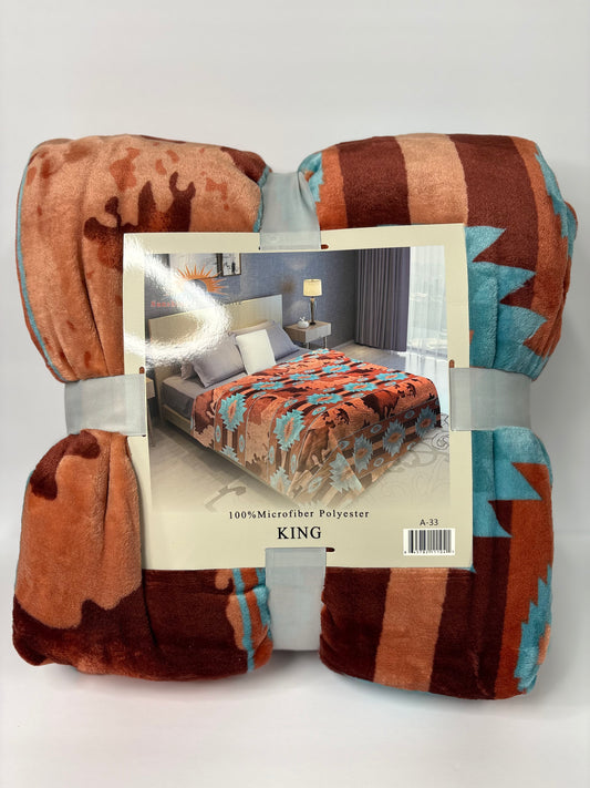 Aztec Cow Orange & Blue King Size Flannel Blanket Item #A-33