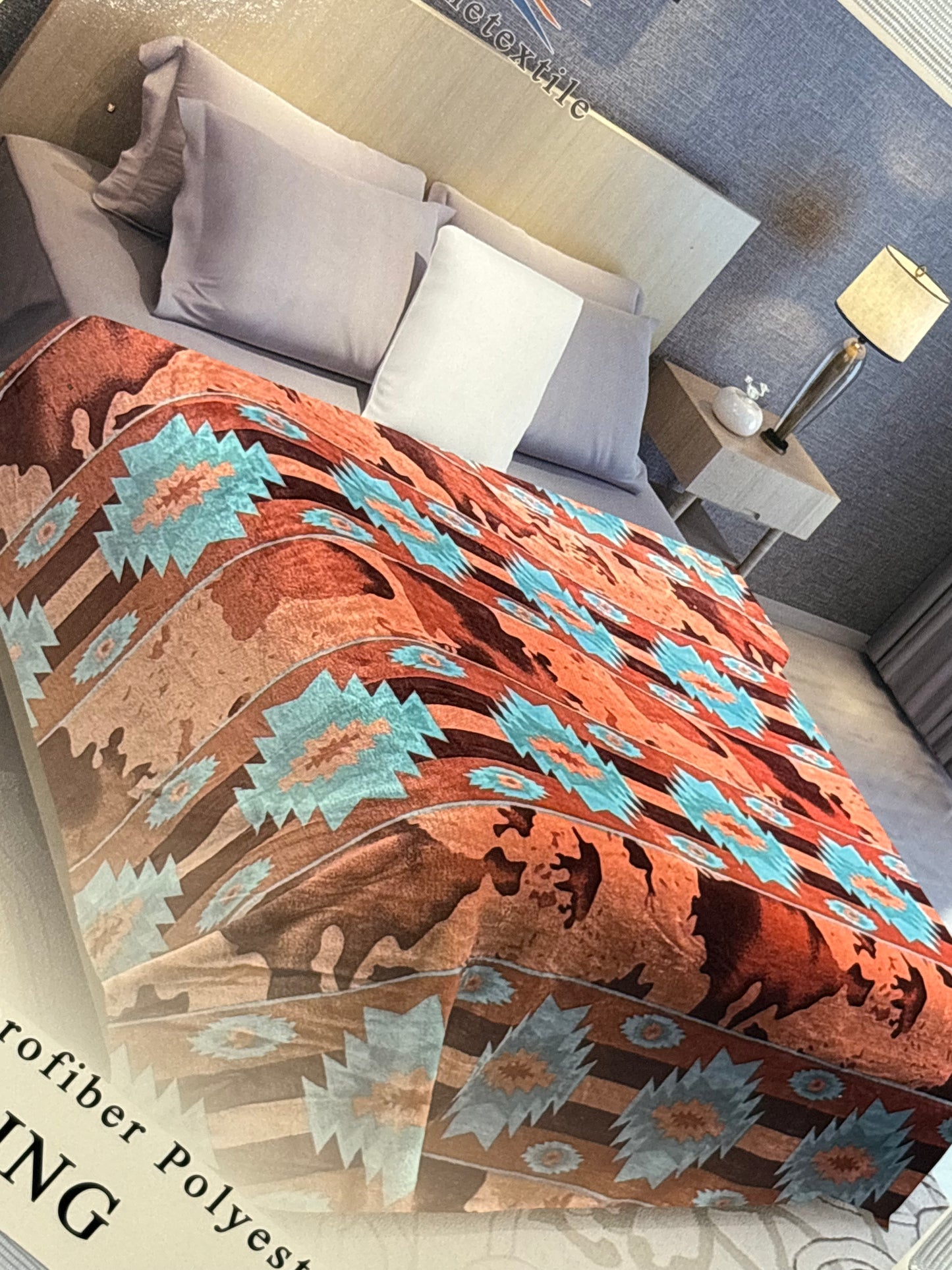 Aztec Cow Orange & Blue King Size Flannel Blanket Item #A-33