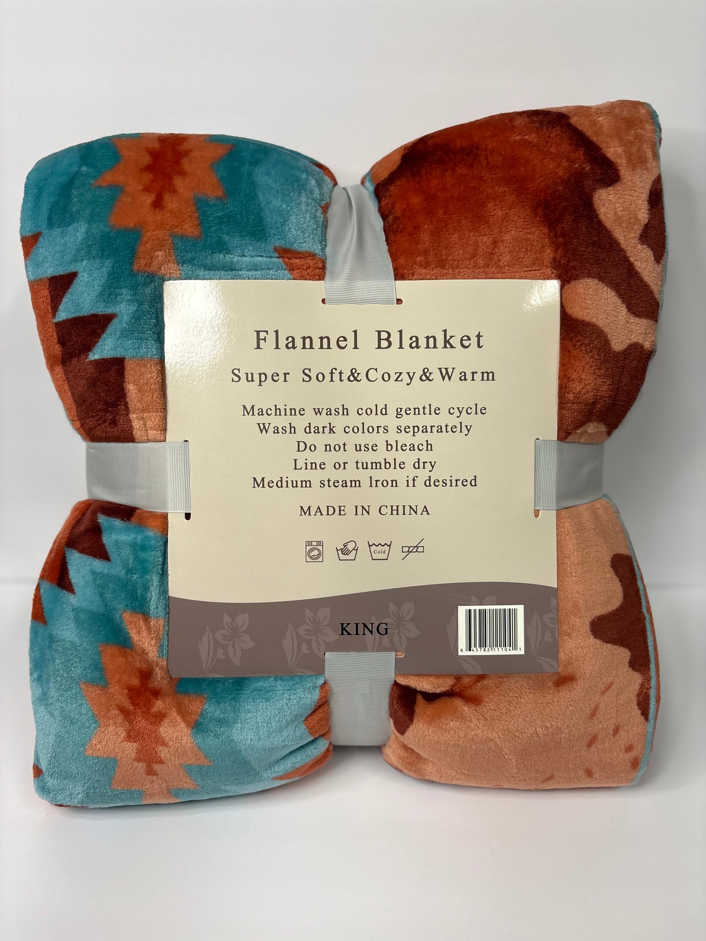Aztec Cow Orange & Blue King Size Flannel Blanket Item #A-33